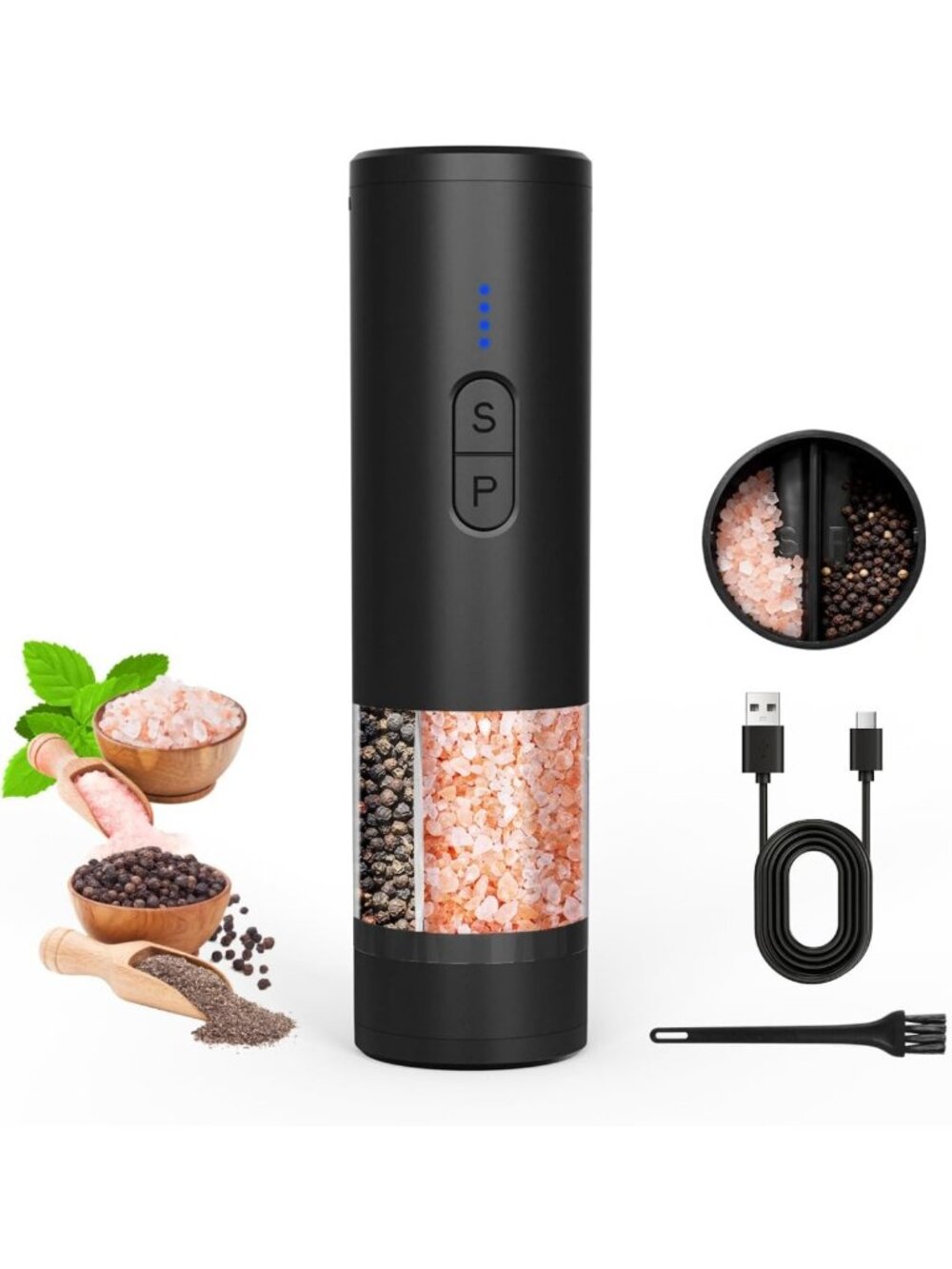 Electric Salt & Pepper Grinder Set - 2-in-1 USB Rechargeable, Dual Bins